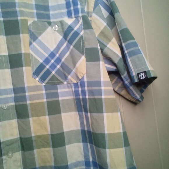 Akademiks Button Up Shirt 3XL Short Sleeve Plaid Green Blue - Picture 3 of 11